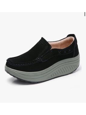 Women Size 7 Suede Leather Slip-on Comfort Wedge Loafers Platform Moccasin Shoes